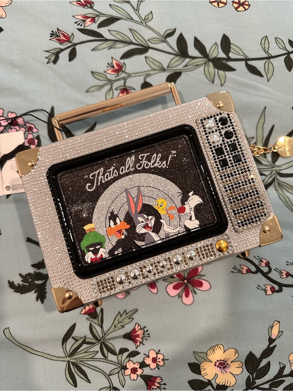 ALDO x Looney Tunes 'That's All Folks!' Rhinestone TV Box Bag - Silver Black